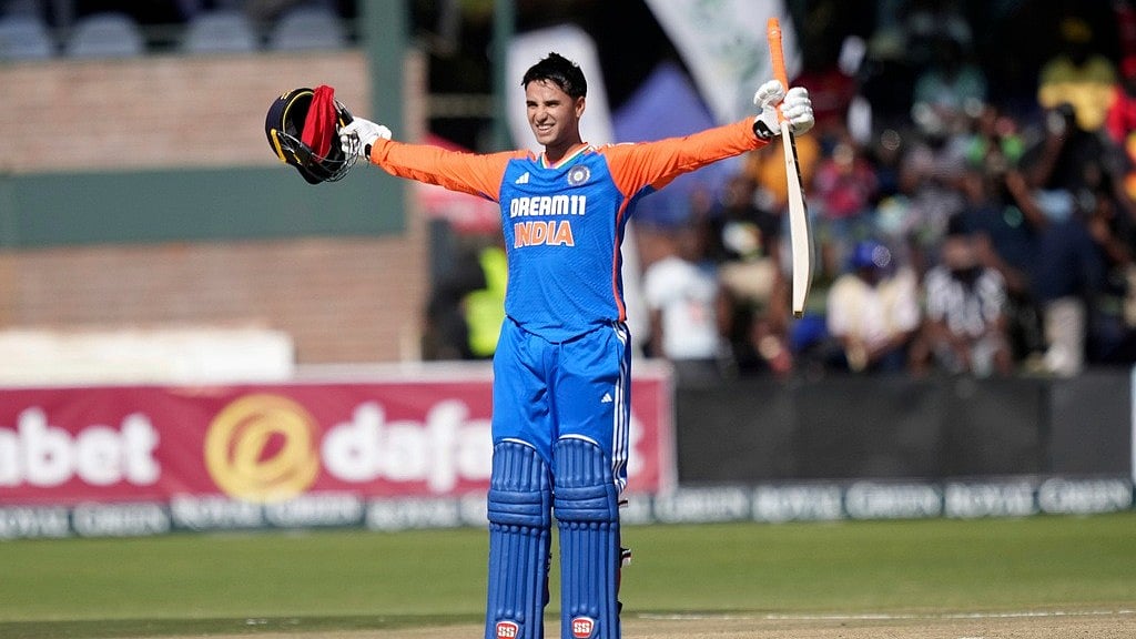 Abhishek Sharma celebrates his century in the India vs Zimbabwe, 2nd T20I in Harare on Sunday (July 7, 2024). - AP Photo 